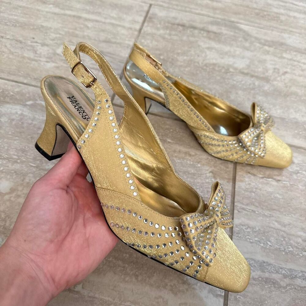 Vintage Gold Shimmer Rhinestone Bow Slingback Kitten Heels Prom Coquette Size 9
